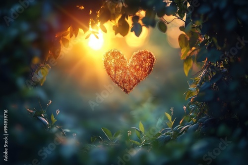 Moldura natural de folhas verdes emoldura um coração luminoso, criado pela luz do pôr do sol. Uma imagem poética que simboliza amor, esperança e a beleza da natureza