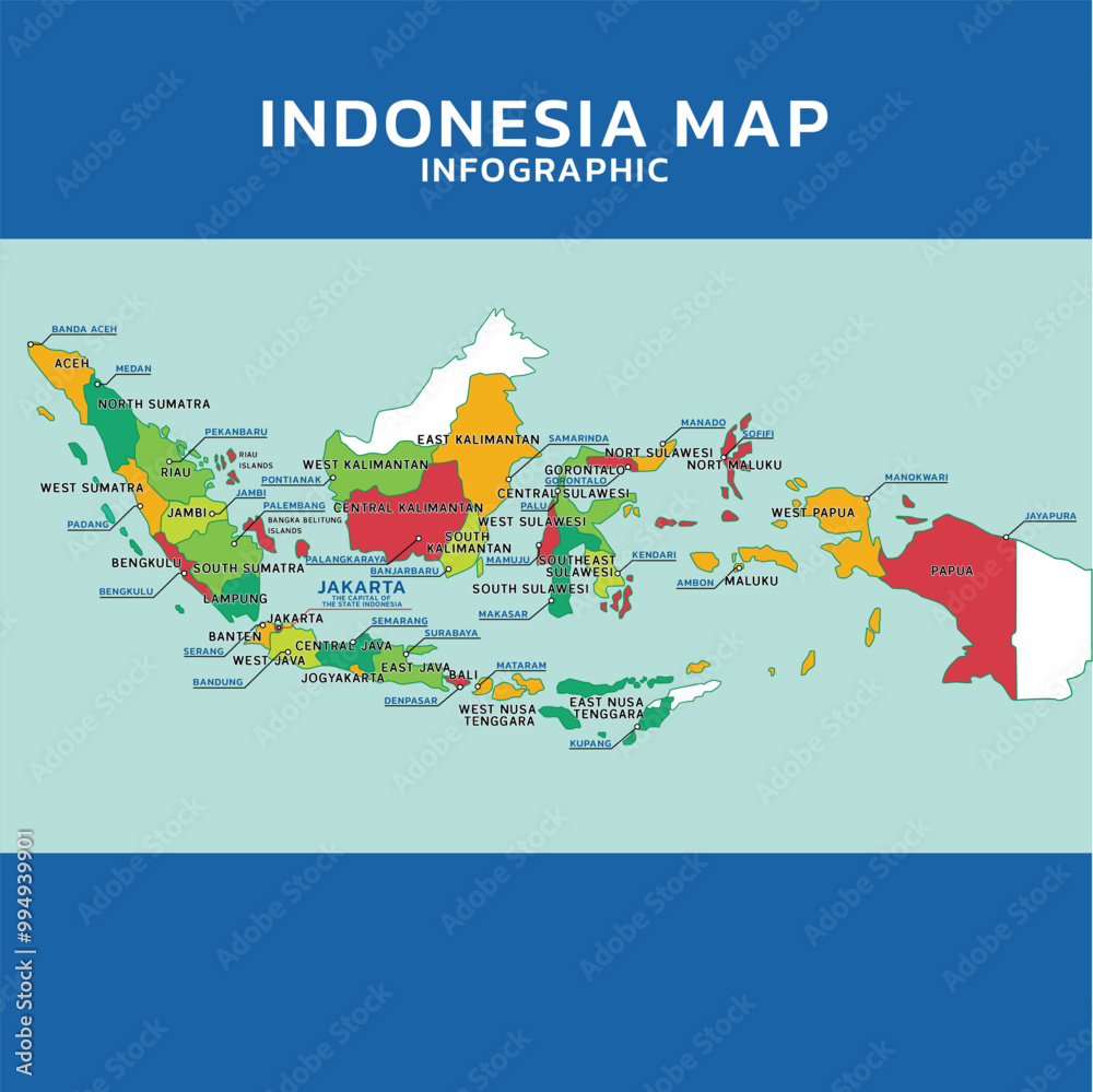 Fototapeta premium Map of Indonesia with explanations of islands and provincial capitals
