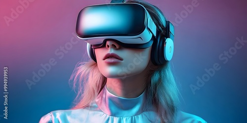 A young woman exploring a holographic jungle through her VR viewer and hues of colors