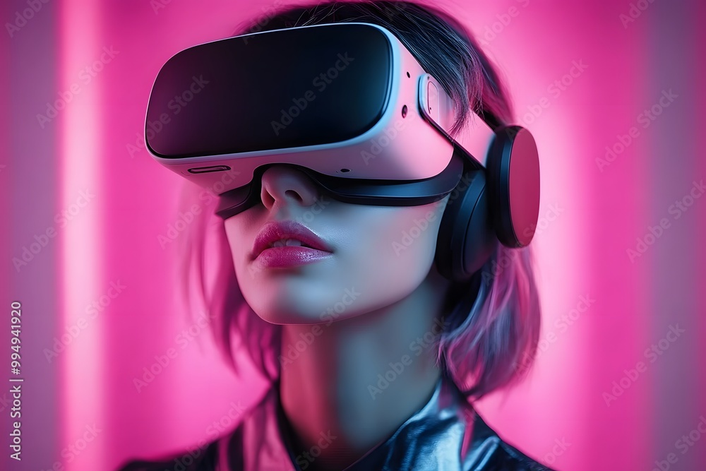 A young woman bob hair in a high-tech suit engages in a virtual reality combat simulation. Her VR visor displays intricate interfaces A young woman bob hair in a high-tech suit engages in a virtual reality combat simulation. Her VR visor displays intricate interfaces