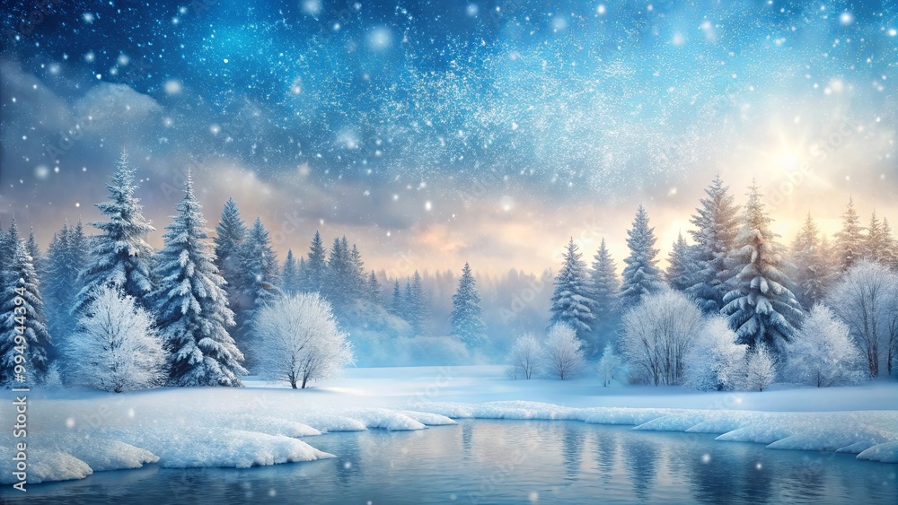 A magical winter wonderland with snow-covered trees and a glistening river reflecting the blue sky and falling snow. A magical winter wonderland with snow-covered trees and a glistening river reflecting the blue sky and falling snow.