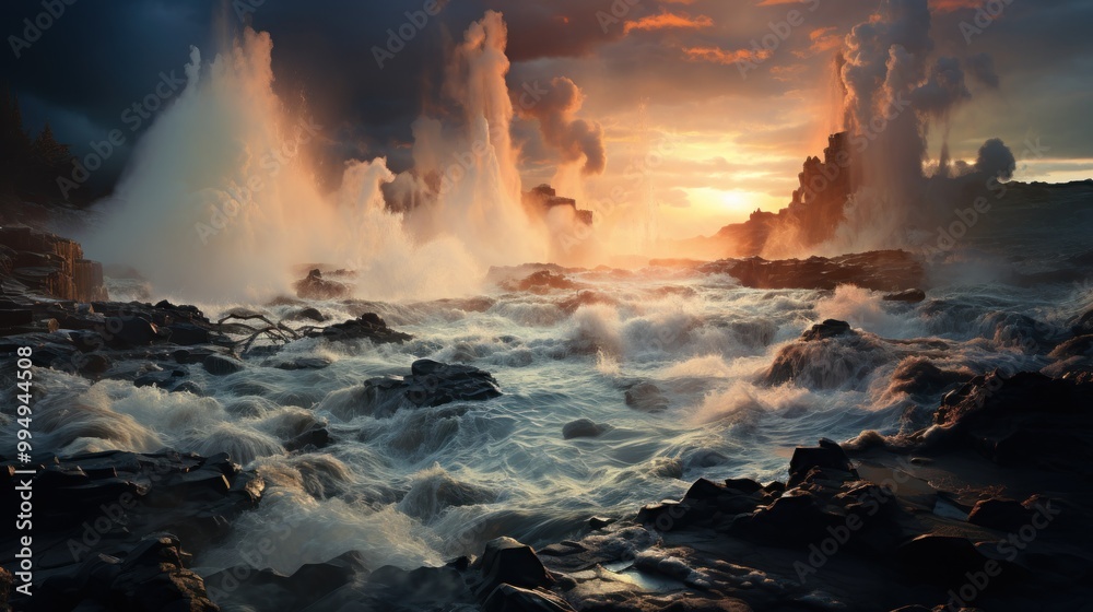 Fototapeta premium Waves Crashing on Rocky Coast at Sunset