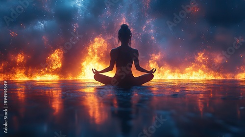 A woman practices yoga in a lotus posture, experiencing a mystical emotion and reaching a spiritual awakening with a sense of peace.