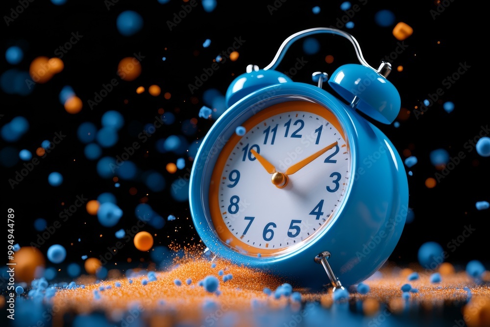 Fototapeta premium Vivid Blue Alarm Clock Shattering with Blue Foam Exploding Around It, Capturing the Concept of Time, Urgency, and Dynamic Change Against a Turquoise Background