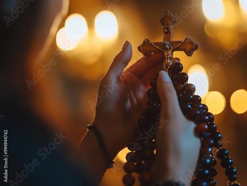 Mãos juntas em oração, segurando um terço, expressando fé, devoção e busca por espiritualidade. A imagem transmite calma, esperança e conexão com o divino photo