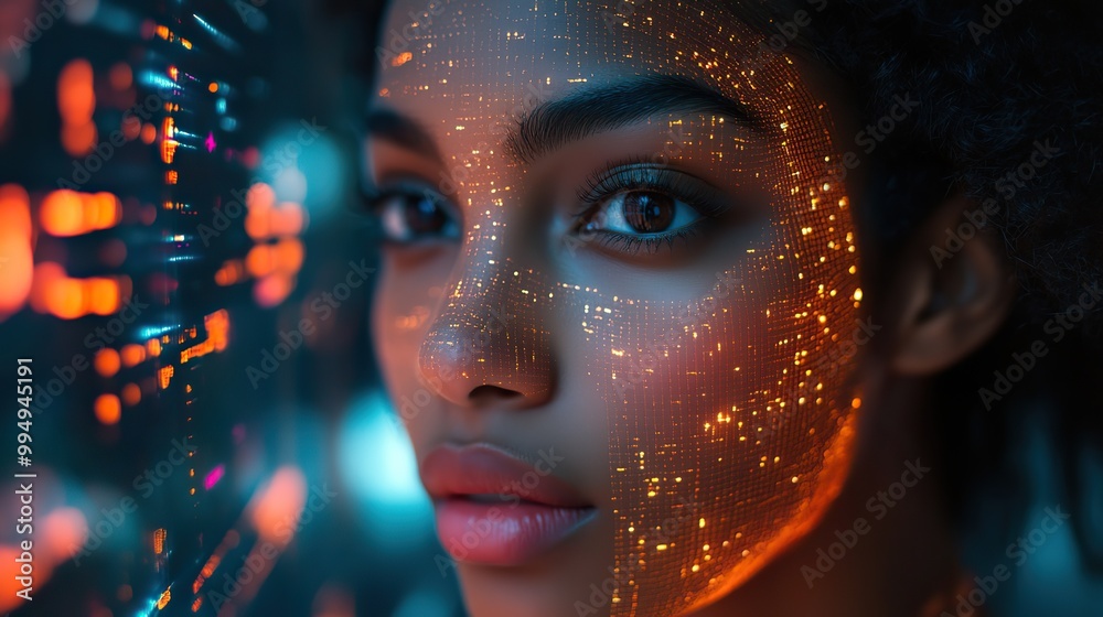 A woman with a digital face scan displays advanced technology and data integration for personal security. A woman with a digital face scan displays advanced technology and data integration for personal security.