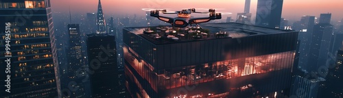 A long shot of drones gracefully plating dishes atop a skyscraper rooftop, blending modern tech with fine dining elegance photo