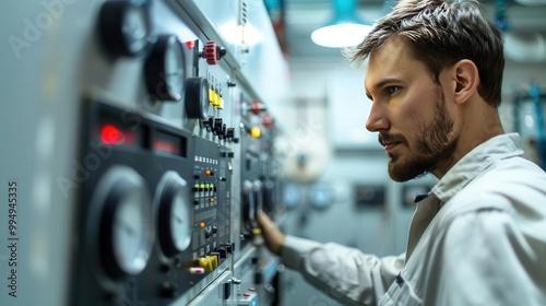 Engineer operating control panel in a nuclear power plant, focusing on gauges and controls, ensuring efficient and safe plant operation.