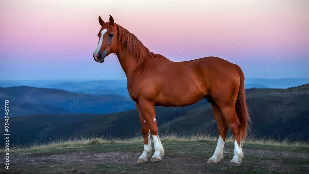Chestnut horse standing tall on hilltop at dusk Chestnut horse standing tall on hilltop at dusk