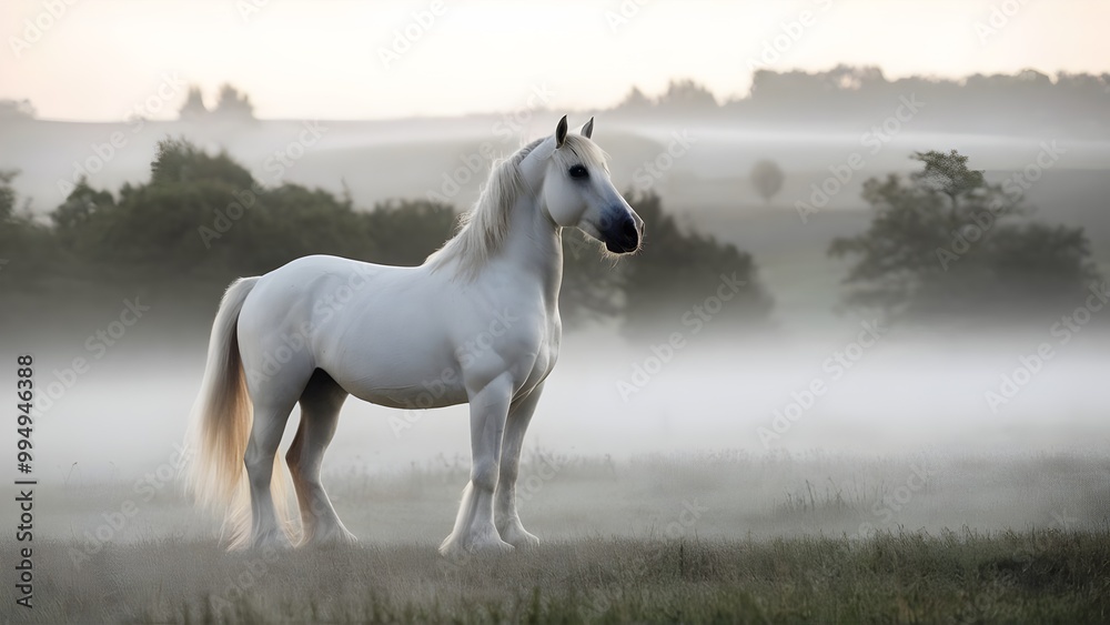 Andalusian horse in mist-covered field at dawn Andalusian horse in mist-covered field at dawn