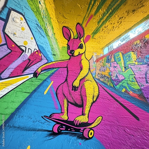 A vibrant mural of a kangaroo skateboarding down a graffiti-covered alley, surreal urban landscape, vivid colors photo