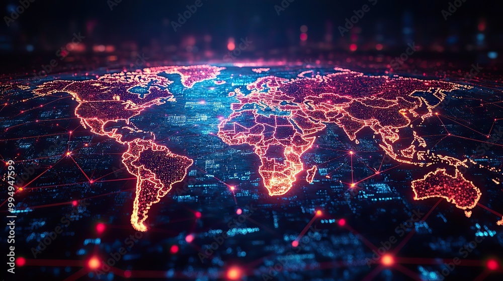 A world map shows network connectivity for data exchange and telecommunication, emphasizing global communication. A world map shows network connectivity for data exchange and telecommunication, emphasizing global communication.