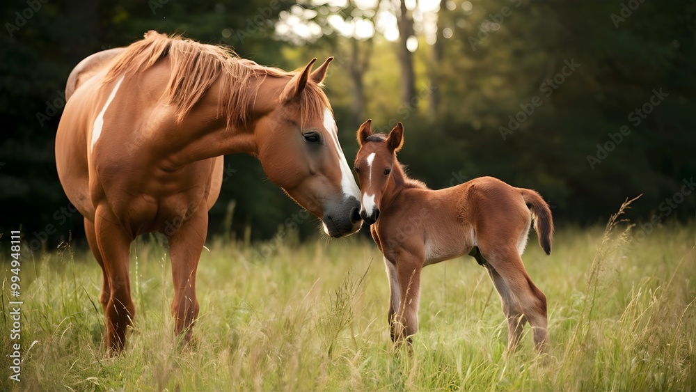 Naklejka premium Chestnut horse nuzzling foal in quiet meadow