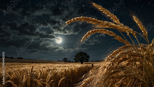 Breezes Whisper Through the Moonlit Wheat. Wheat gently moving under the soft glow of moonlight on a peaceful autumn night. Realistic style. photo