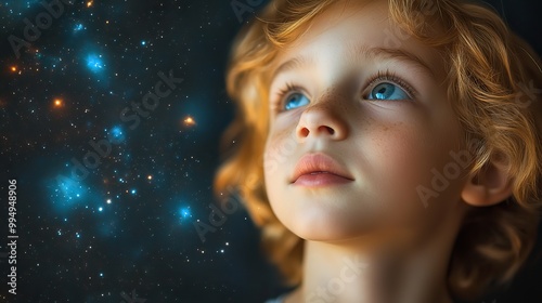 A young boy contemplates the vastness of space, reflecting a sense of wonder and imagination.