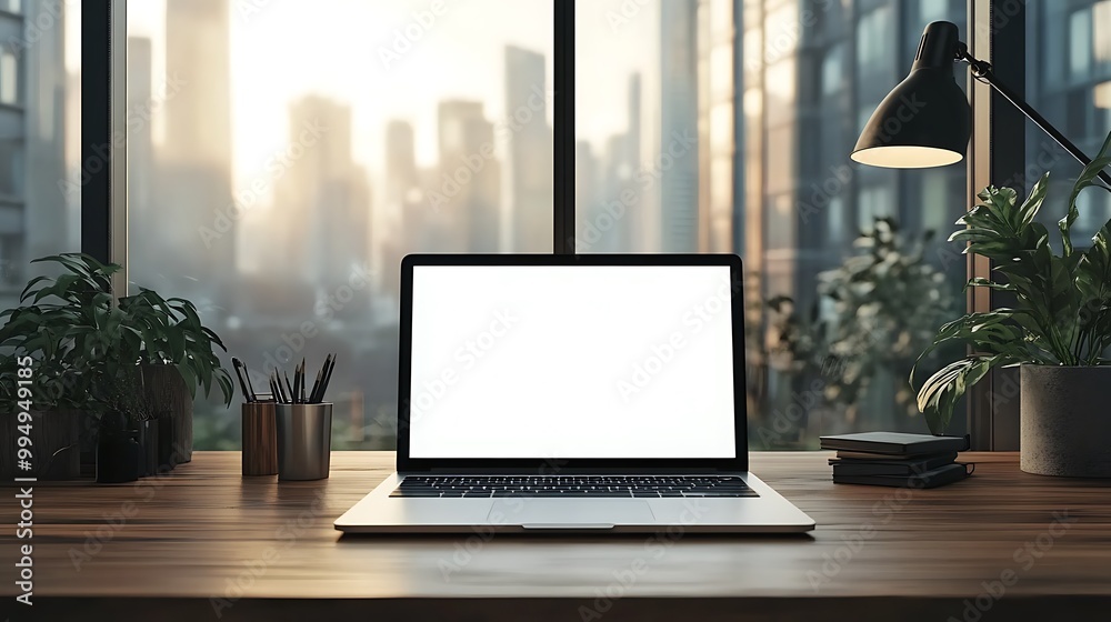 Laptop with White Screen Mockup on Desk in Sleek Businessman's Office Laptop with White Screen Mockup on Desk in Sleek Businessman's Office