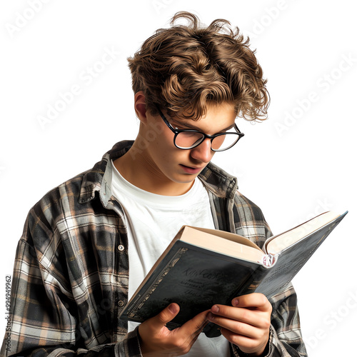 Young man with glasses reading a book, immersed in study, wearing a plaid shirt and white t-shirt against a white background.