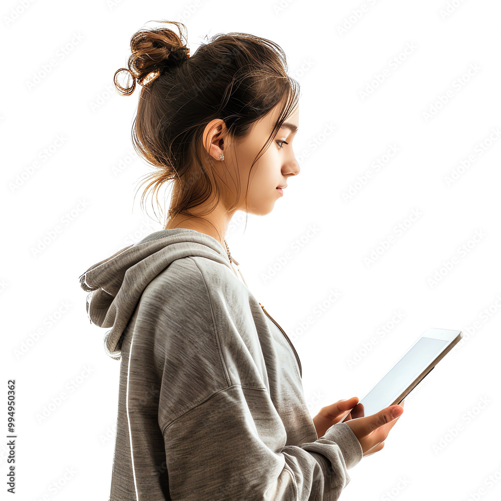 Teenage girl in a grey hoodie using a tablet, side profile. Isolated on white background. Teenage girl in a grey hoodie using a tablet, side profile. Isolated on white background.
