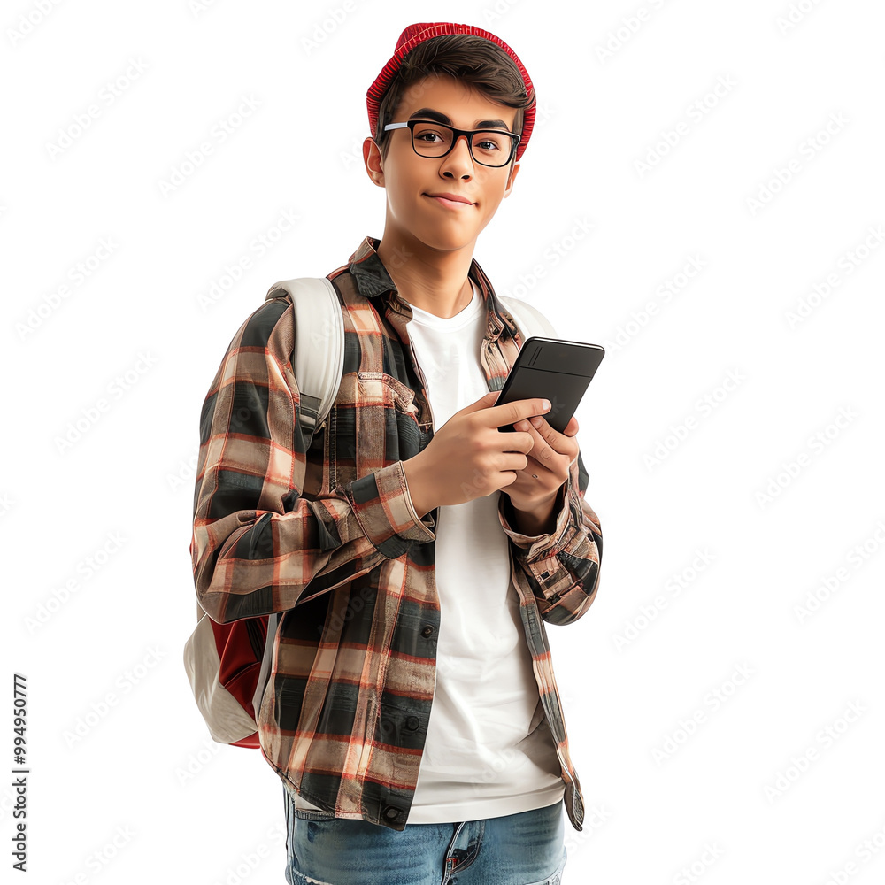 Young man with glasses and backpack using a smartphone, isolated on white background. Casual attire with plaid shirt and jeans. Young man with glasses and backpack using a smartphone, isolated on white background. Casual attire with plaid shirt and jeans.
