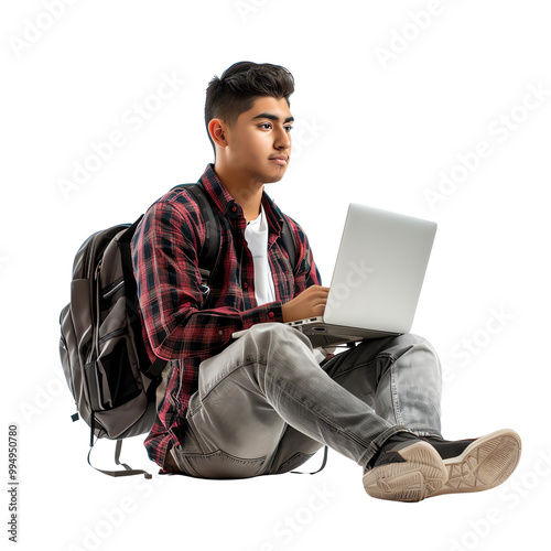 Young male student with a backpack using a laptop while sitting on the floor, focused on learning and studying.