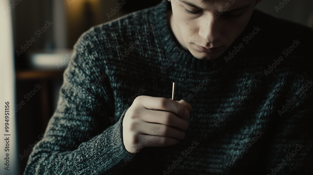 Person sitting alone, holding a small object, intently focused with a tense expression, symbolizing addictive habits and personal struggle, isolated figure in introspective moment. Person sitting alone, holding a small object, intently focused with a tense expression, symbolizing addictive habits and personal struggle, isolated figure in introspective moment.