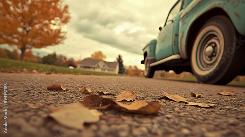 Vintage car on a country road with fallen autumn leaves scattered on the ground, capturing a nostalgic transition between summer and fall.