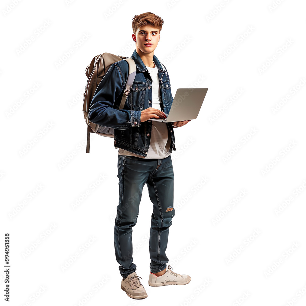 Young man with backpack and laptop, standing and looking confidently, ready for travel or study. Perfect for educational or travel concepts. Young man with backpack and laptop, standing and looking confidently, ready for travel or study. Perfect for educational or travel concepts.