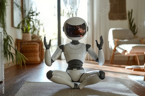 humanoid robot leading a yoga or stretching session in the living room, guiding each pose with precision, in a calm, organized space designed for relaxation and fitness