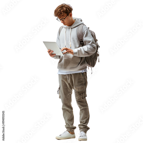 Young man in casual attire standing with a backpack, using a tablet isolated on white background. Modern student lifestyle concept.