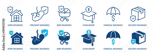 Insurance line and glyph solid icons collection. Minimal icon and symbol series vector illustration