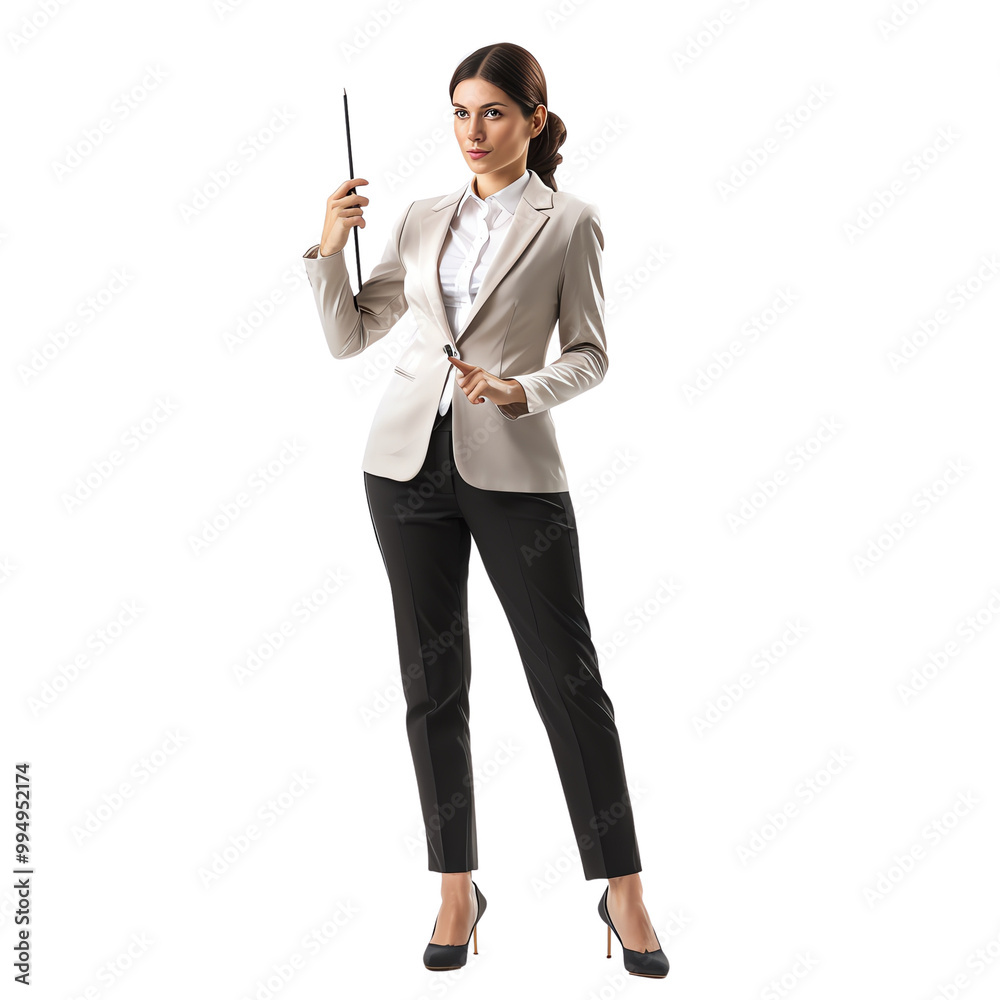 Confident businesswoman in professional attire holding a pen, poised for success and leadership. Isolated on white background. Confident businesswoman in professional attire holding a pen, poised for success and leadership. Isolated on white background.