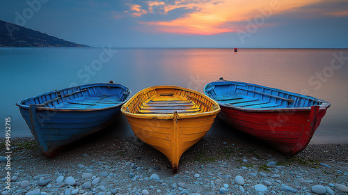 three colorful wooden boats on the shore of seaside, dusk lighting, photo