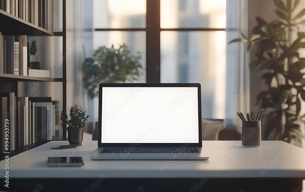 Laptop Mockup with White Screen on Desk in Businessman Room Laptop Mockup with White Screen on Desk in Businessman Room
