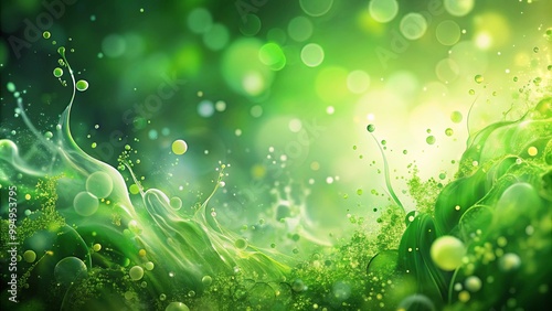 Abstract green liquid with bokeh and droplets, creating a vibrant and dreamy atmosphere.