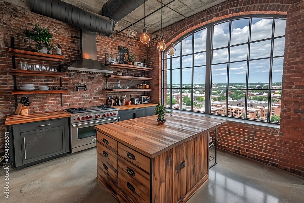 Stylish industrial kitchen with city view. Stylish industrial kitchen with city view.