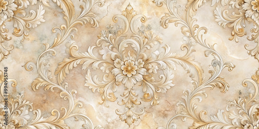 A Seamless Pattern of Intricate Floral Motifs on a Cream Marble Background