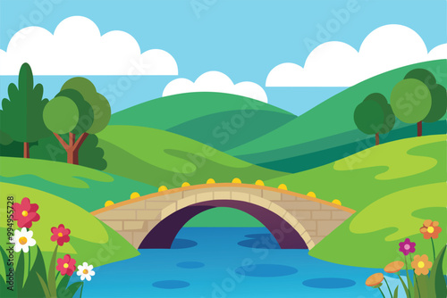 A peaceful riverside with a stone bridge arching over a tranquil blue stream.