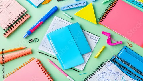 Flat lay of colorful school supplies on a mint green background.