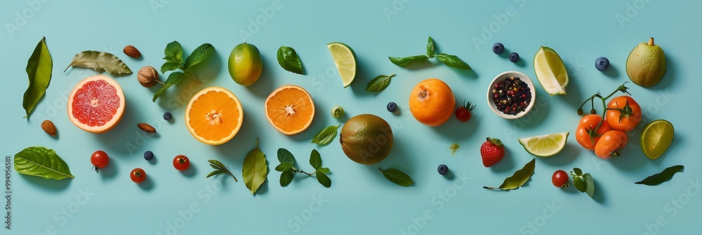 Global Cuisine Food Culture Create an enticing flat lay composition of exotic fruits and spices from different corners of the world arranged against a minimalist backdrop for visual impact