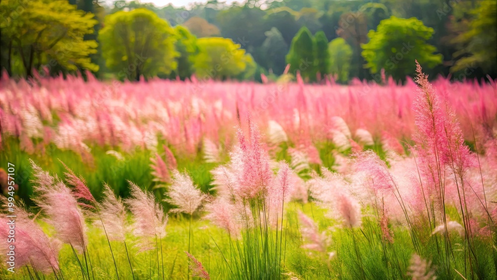 Fototapeta premium A field of delicate pink plumes gently swaying in the breeze, creating a soft and ethereal landscape.