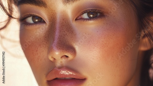 Close-up Portrait of a Woman with Freckles and Sun-Kissed Skin