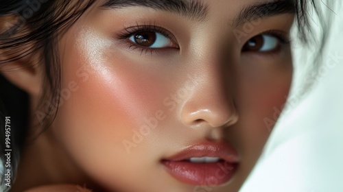 Close-up Portrait of a Young Woman with Smooth Skin and Makeup