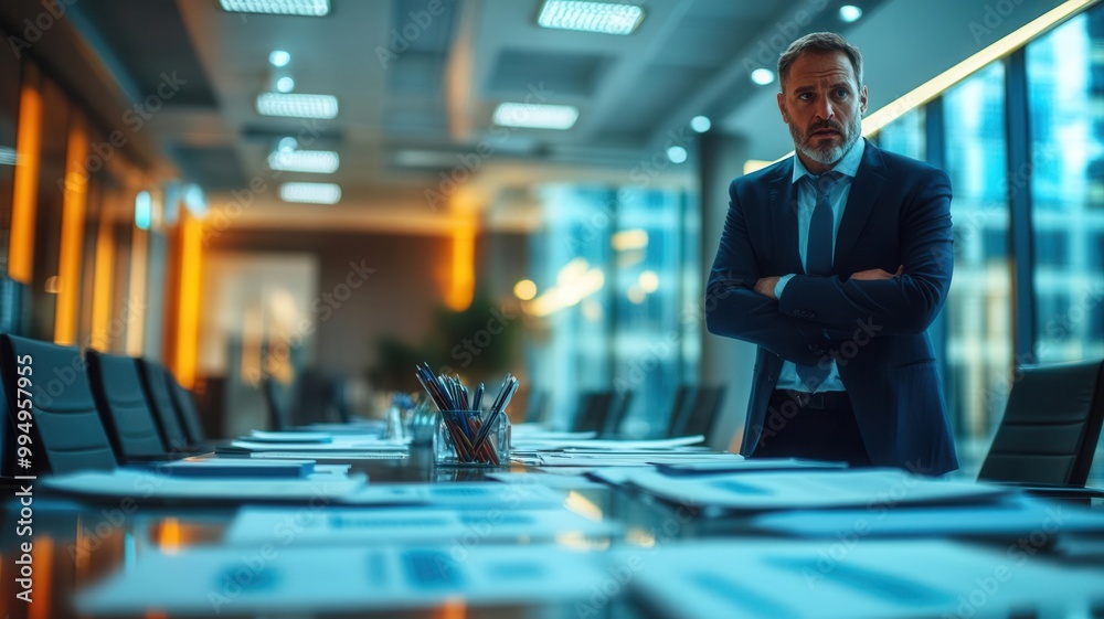 CEO standing at a boardroom table with emergency response plan documents, tense atmosphere, realistic office setting, business strategy CEO standing at a boardroom table with emergency response plan documents, tense atmosphere, realistic office setting, business strategy
