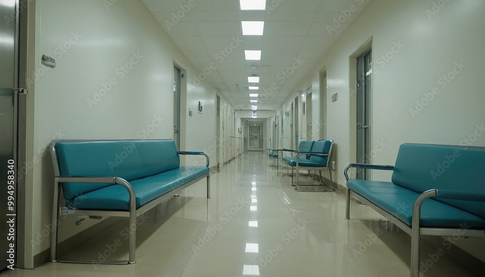 hospital bright corridor with rooms and blue seats 3D rendering 28 hospital bright corridor with rooms and blue seats 3D rendering 28
