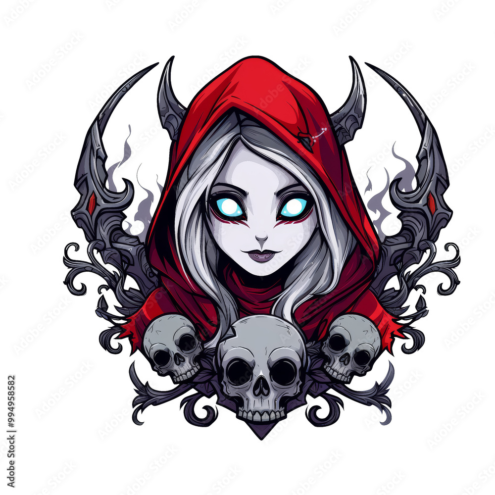 A beautiful woman with long white hair, wearing a red hood, with three skulls and dark ornate designs in the background. A beautiful woman with long white hair, wearing a red hood, with three skulls and dark ornate designs in the background.