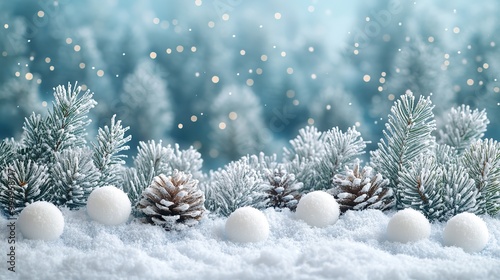 Snowballs and snowflakes adorn a forest of pine trees on an icy blue background, creating a festive winter decoration for the season.