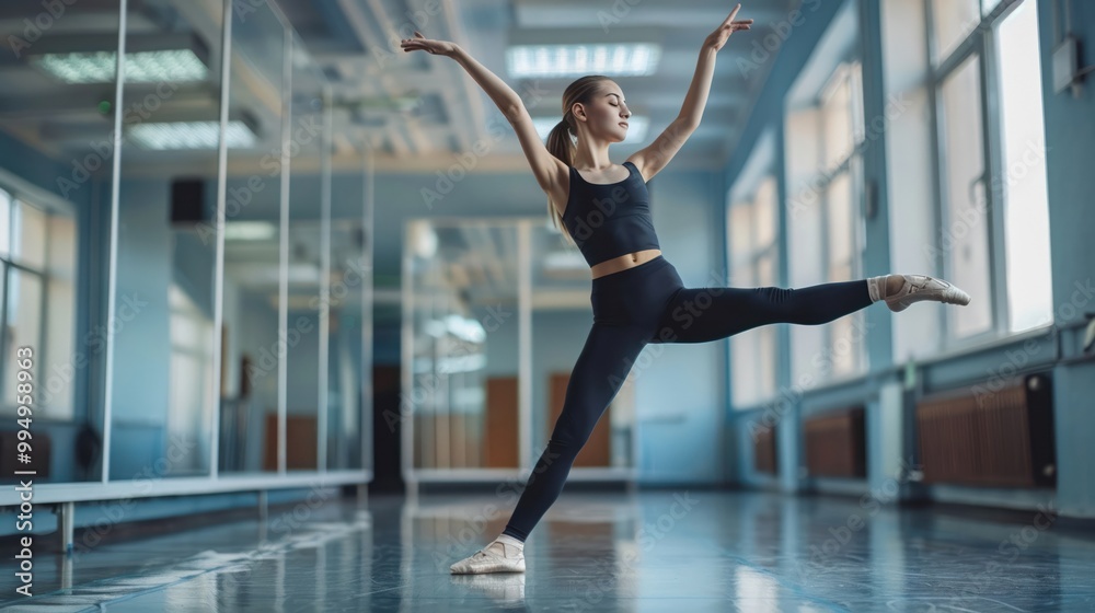 Young dancer practicing in a studio with mirrors reflection of determination Young dancer practicing in a studio with mirrors reflection of determination