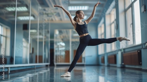 Young dancer practicing in a studio with mirrors reflection of determination