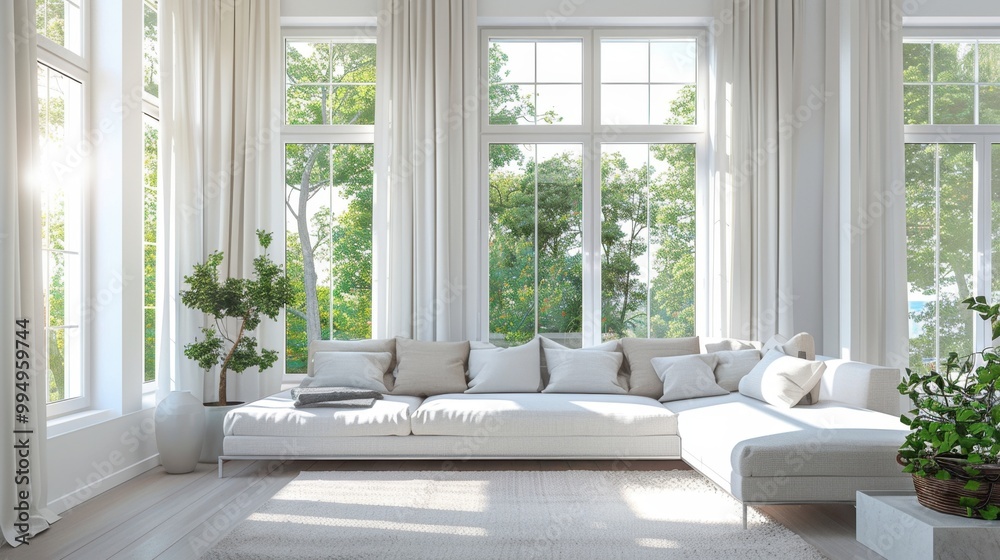 Fototapeta premium Modern living space with white walls, a comfortable sofa, and large windows allowing in natural light
