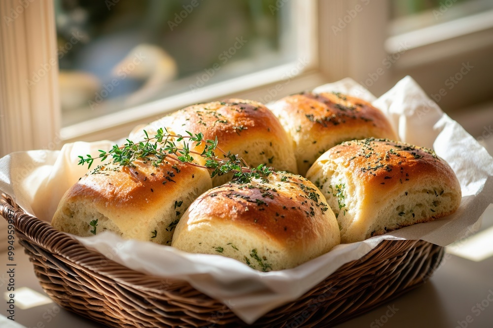 A basket of herb-infused bread rolls with thyme garnish, set in a cozy country kitchen with sunlight streaming in A basket of herb-infused bread rolls with thyme garnish, set in a cozy country kitchen with sunlight streaming in
